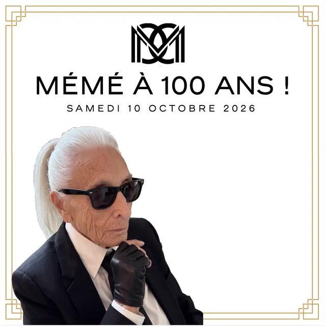 Convite da festa: «Mémé à 100 ans !», com o retrato de Mémé de óculos escuros