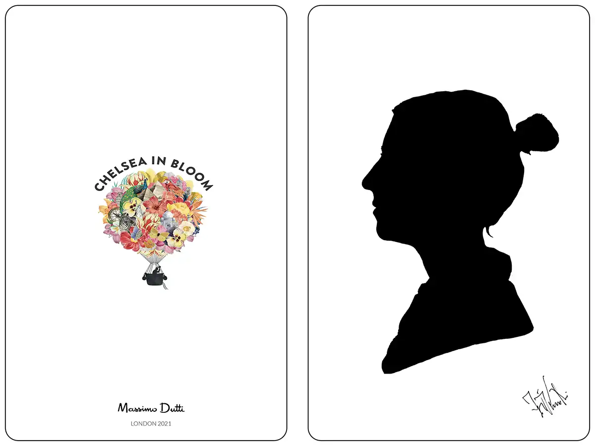 Cartão de silhueta personalizado, feito para a Massimo Dutti, com o logótipo Chelsea in Bloom Londres