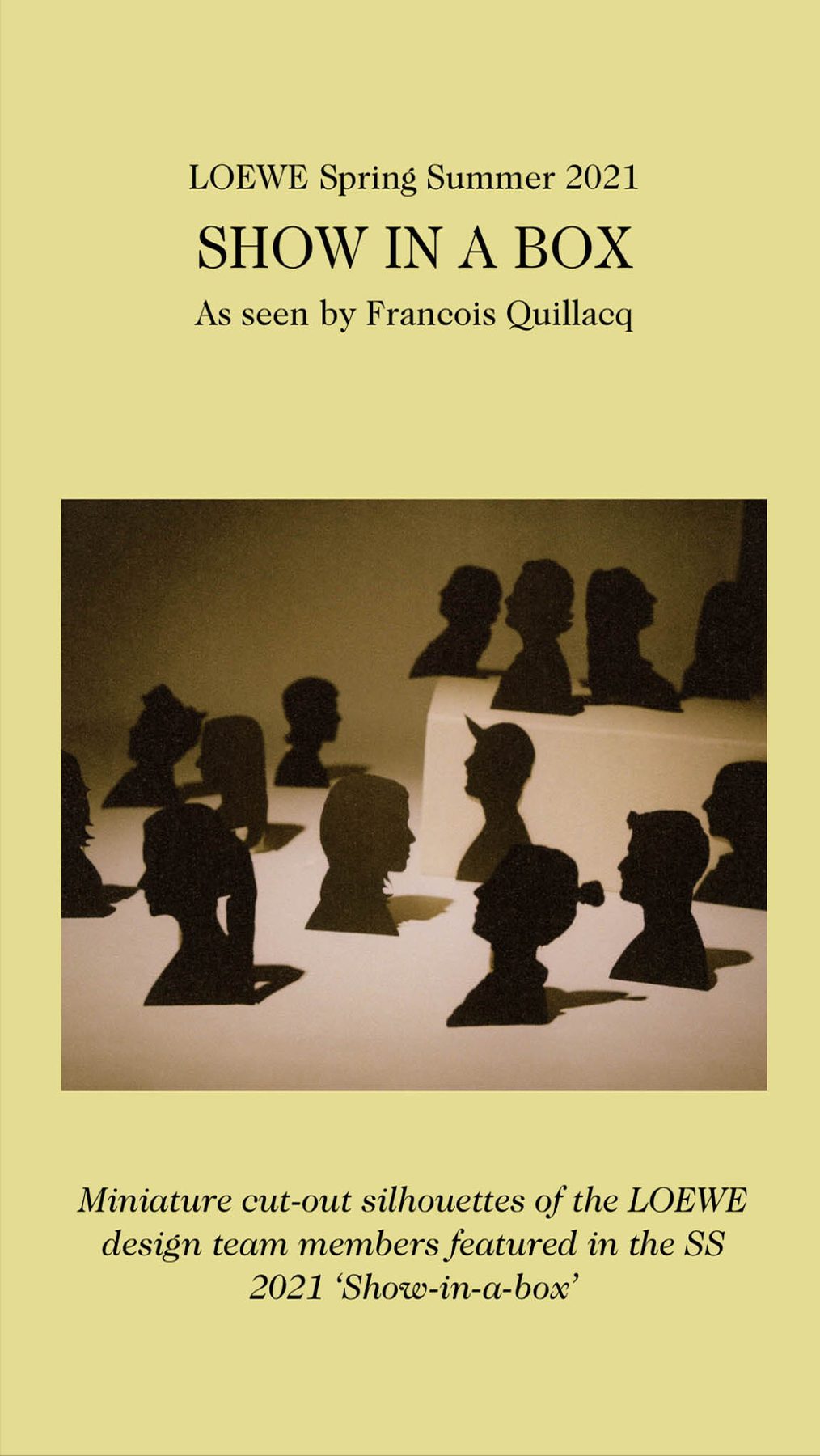 LOEWE Show in the Box — silhuetas dos 12 criadores da equipa de design em papel preto